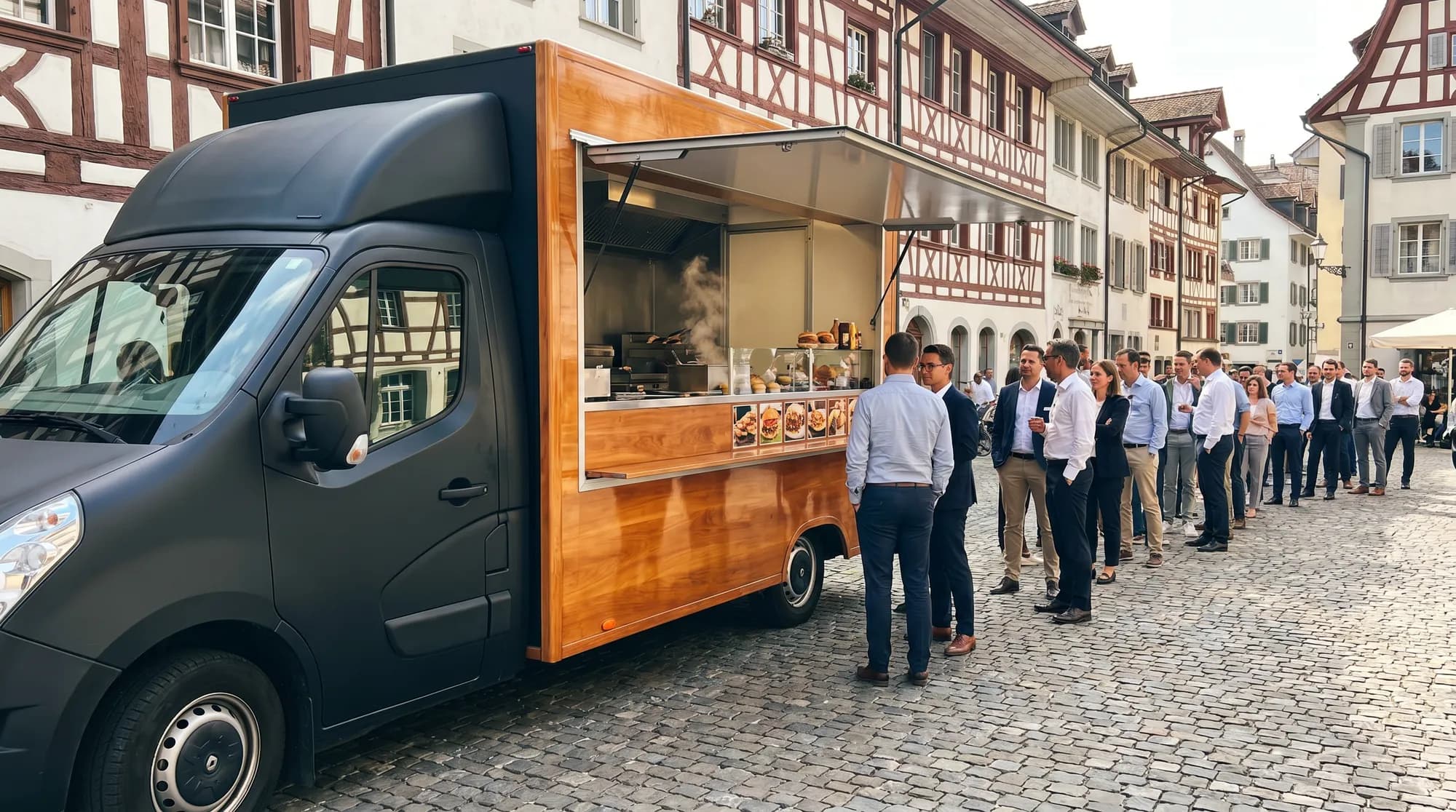 Camion burger et snack sur une place pavée d'une vieille ville suisse à midi, file d'attente