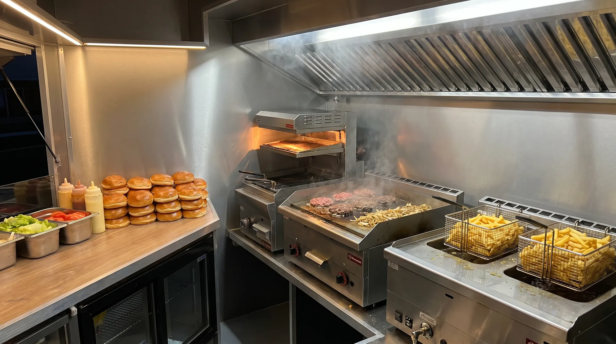 Intérieur du camion burger avec plancha, grill, friteuse et buns
