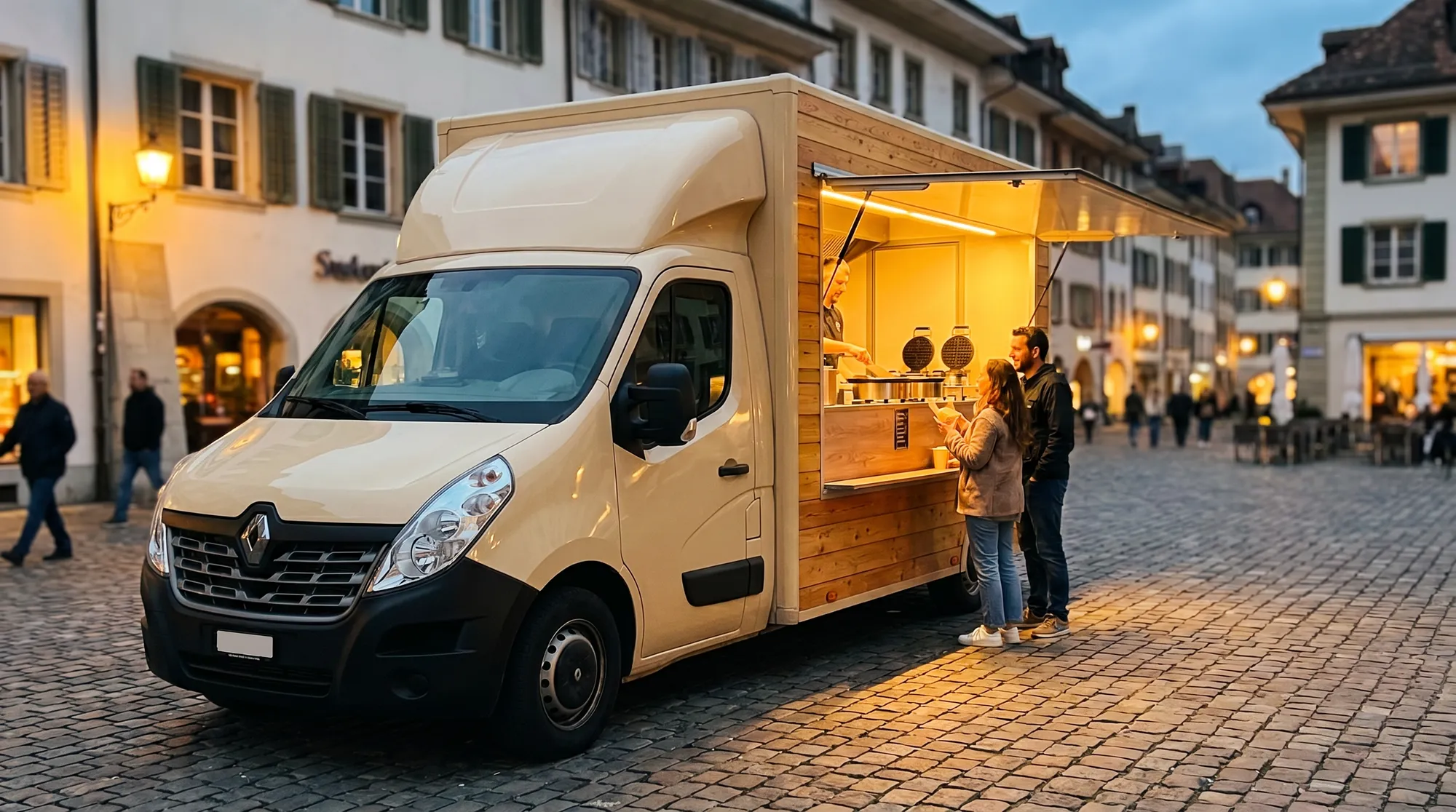 Camion crêpes et gaufres sur une place pavée d'une vieille ville suisse en soirée
