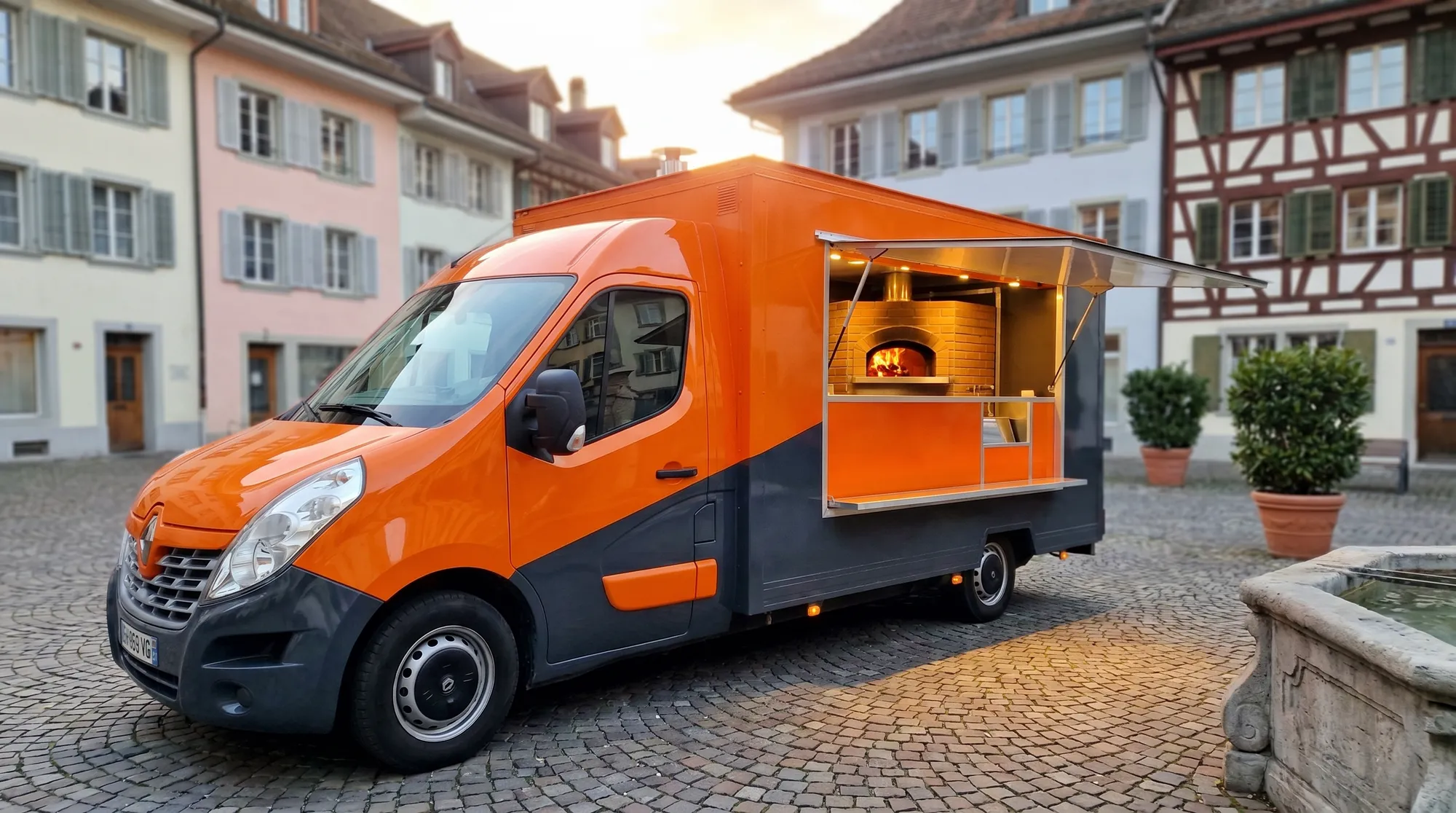Custom wood-fired pizza food truck on a square in Switzerland