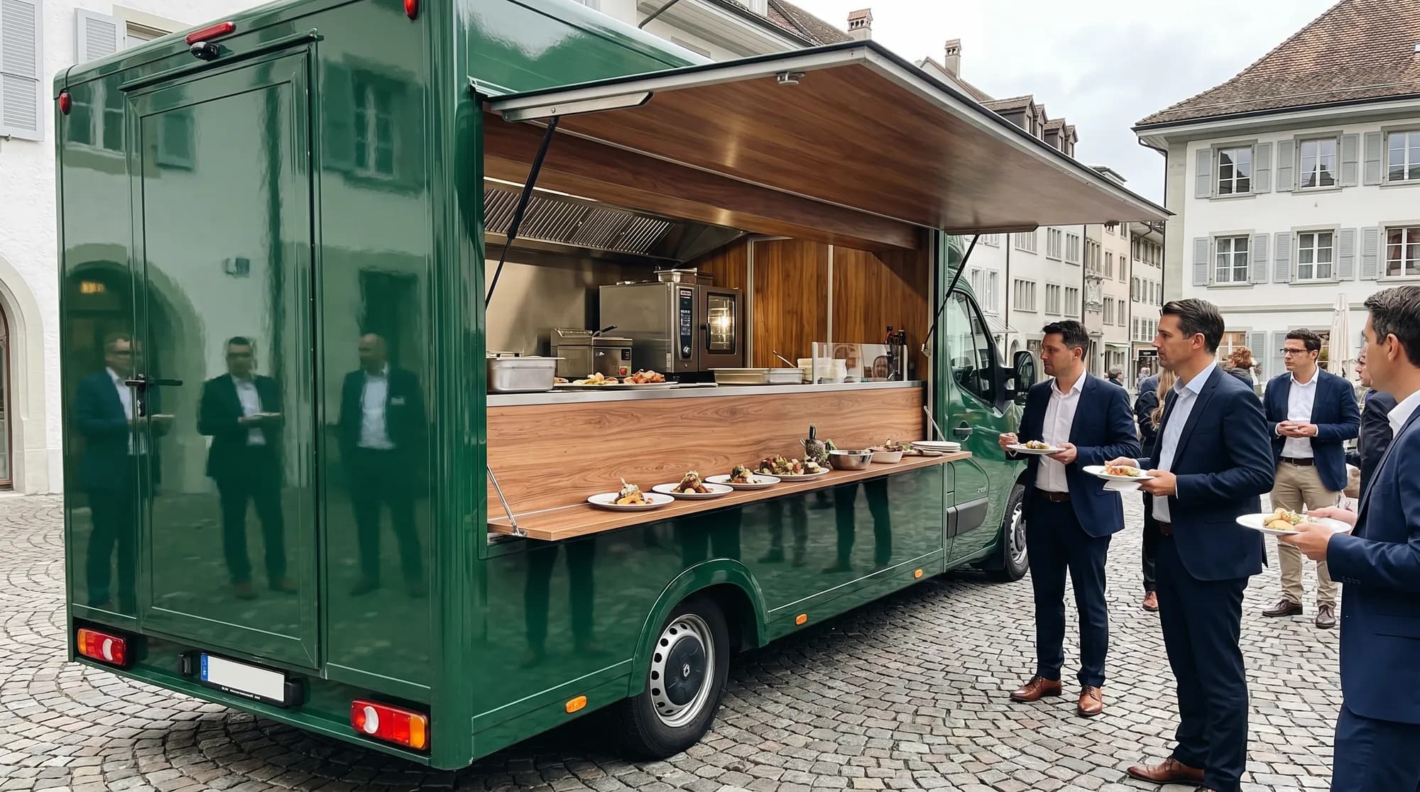 Camion traiteur ouvert lors d'un événement d'entreprise en Suisse, invités au comptoir