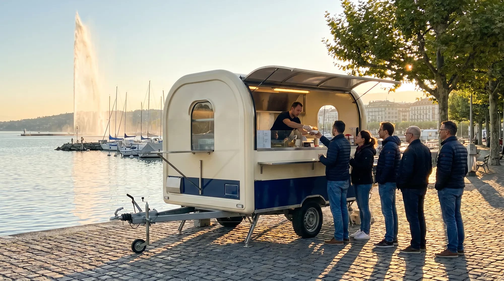 Remorque food truck installée sur un quai à Genève, avec le jet d'eau en arrière-plan