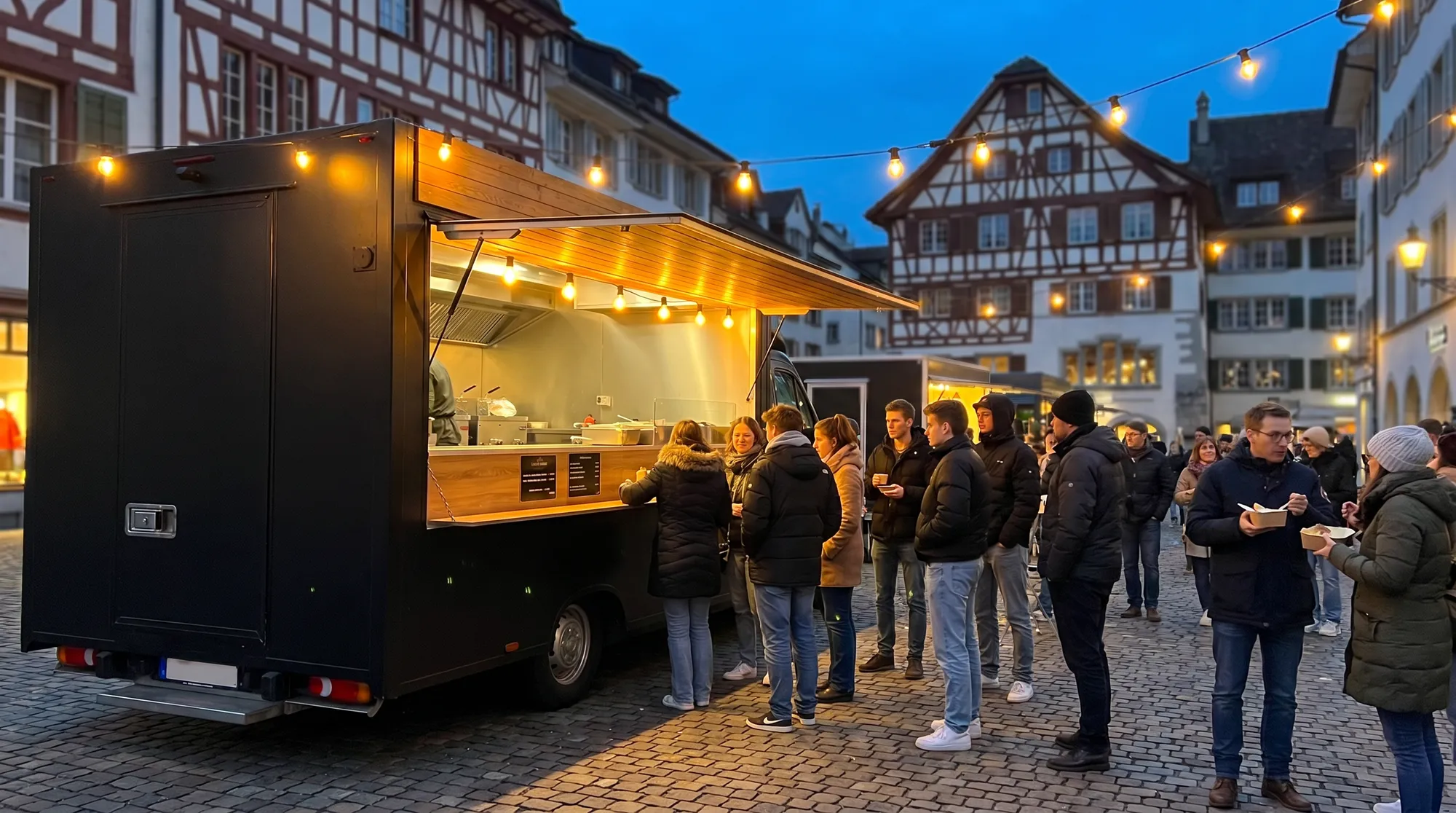 Food truck en soirée entouré de clients sur une place suisse illuminée