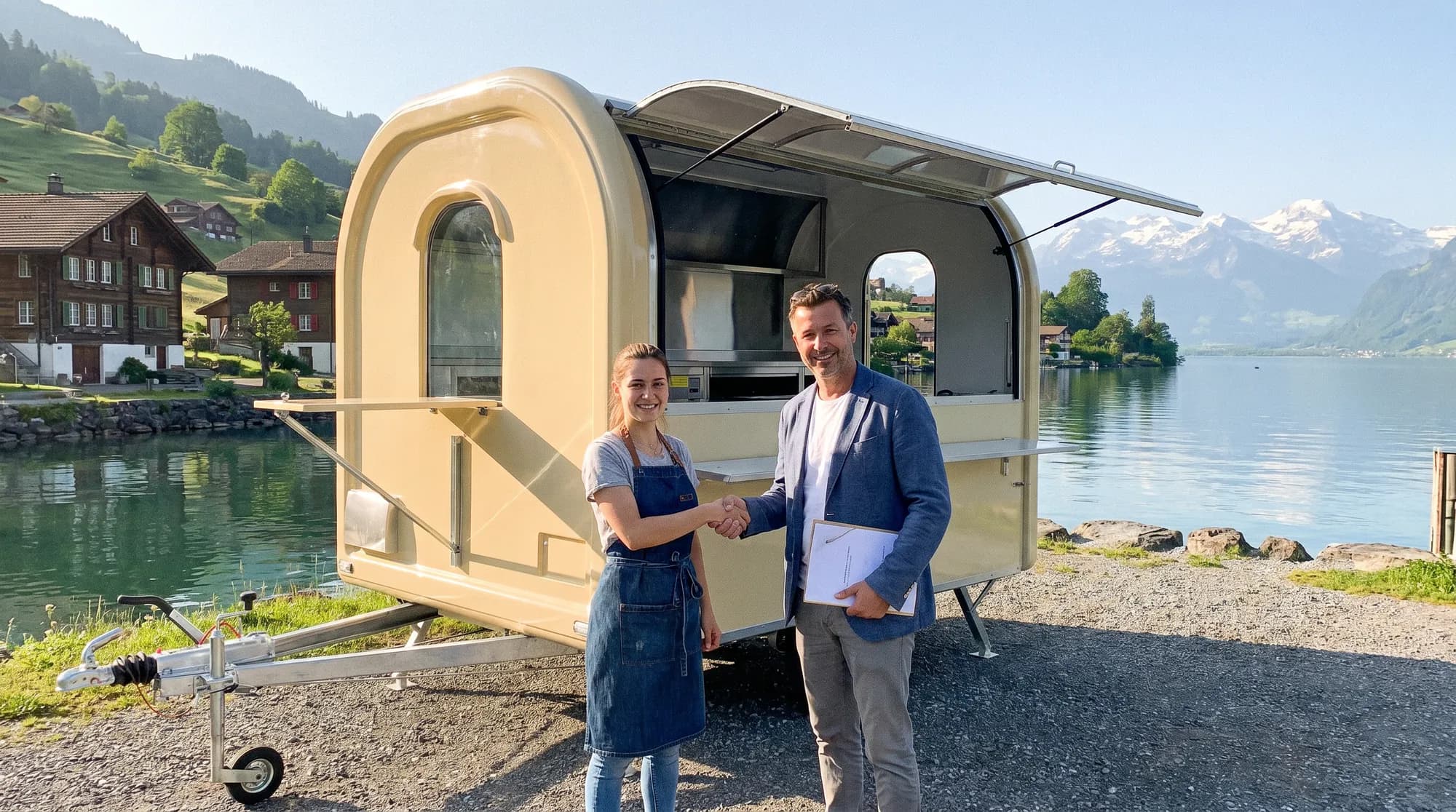 Poignée de main entre un entrepreneur et un conseiller devant une remorque food truck