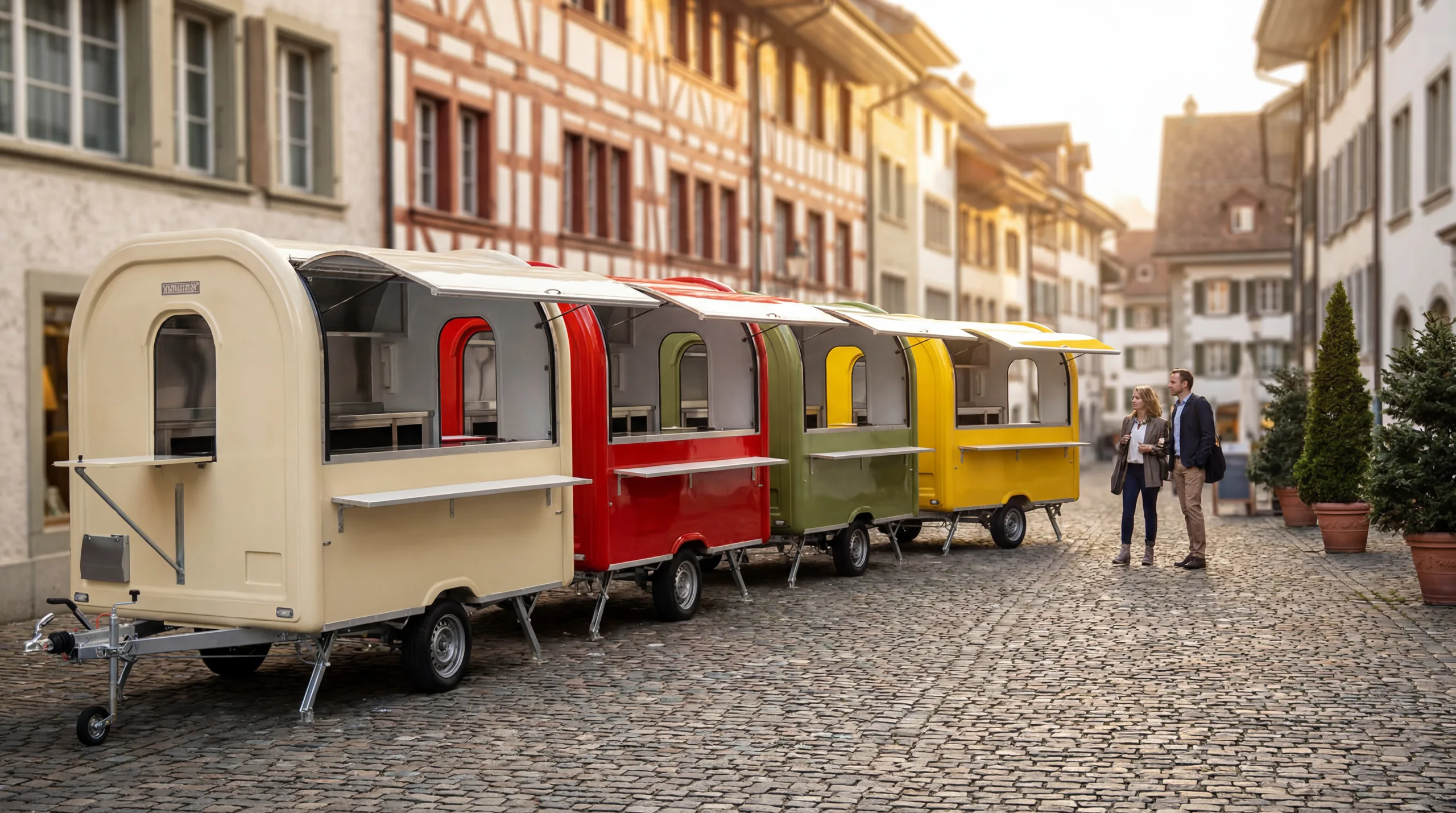 Several customized food trucks and trailers gathered on a square in Switzerland