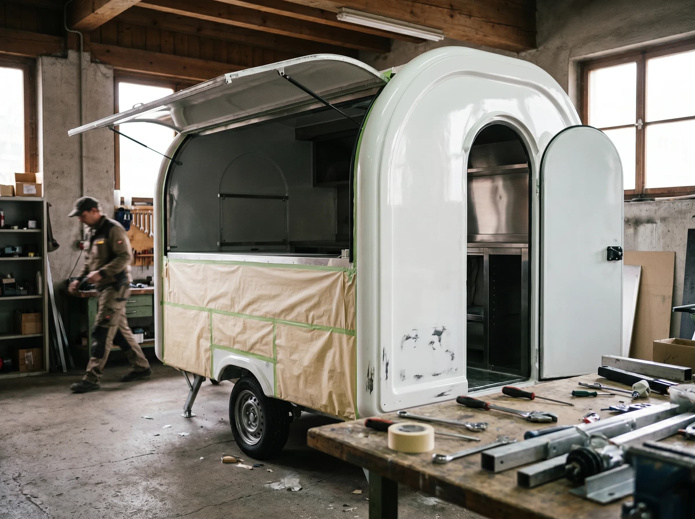 Remorque food truck en préparation à l'atelier