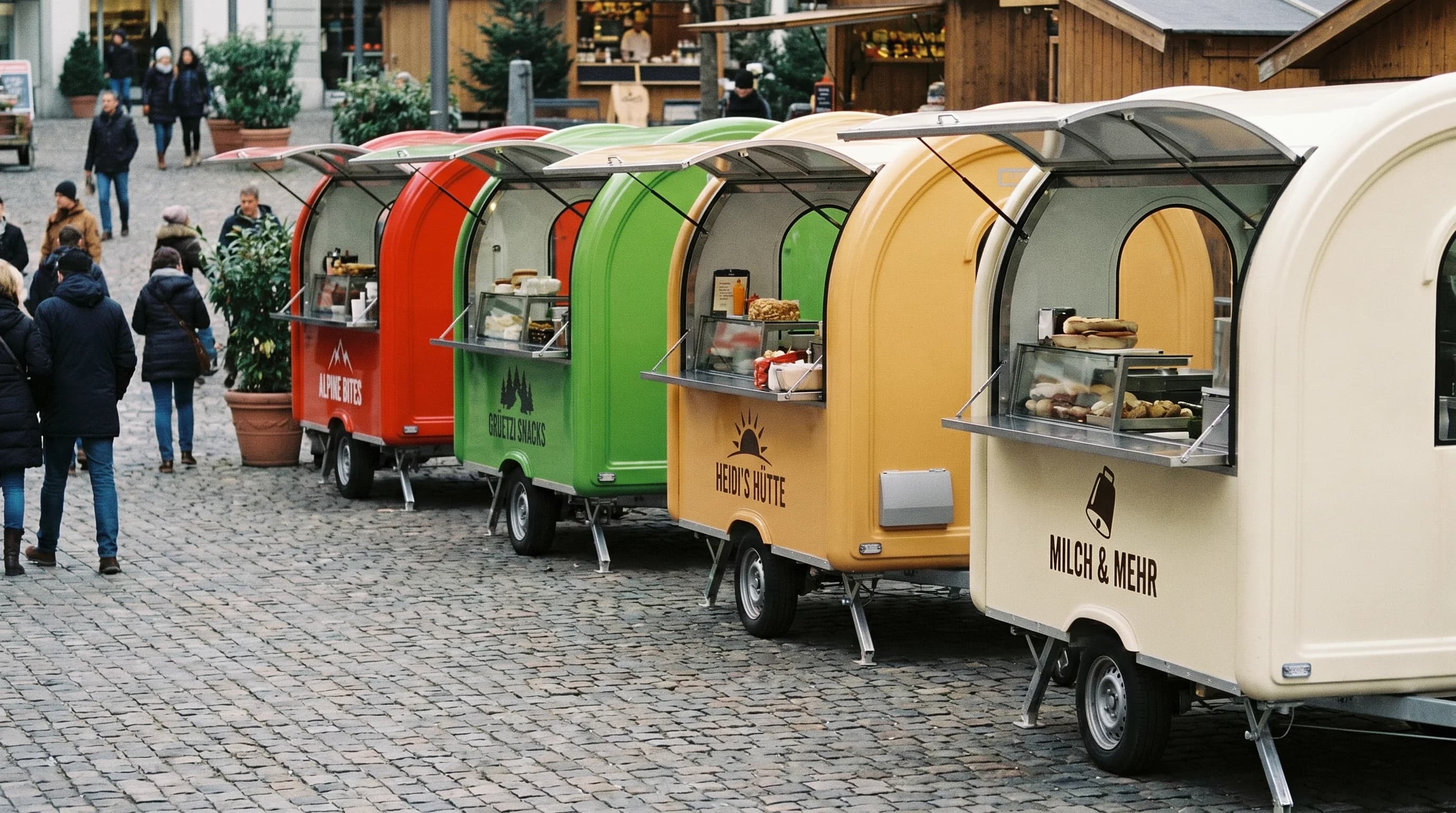 Gamme de remorques food truck personnalisées alignées sur une place en Suisse